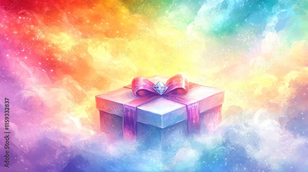 Vibrant gift box with red ribbon surrounded by colorful clouds Vibrant gift box with red ribbon surrounded by colorful clouds