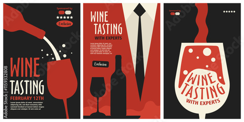 Wine Tasting event poster set. Cinematic abstract aesthetics with glass and wine bottles. Modern and vintage typography, red and black color