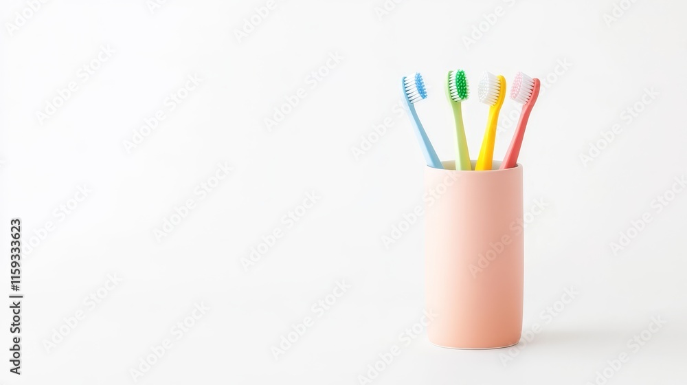 Fototapeta premium A Vibrant Collection of Colorful Toothbrushes in a Modern Pink Holder on a Clean, Minimalist Background for Inspirational Dental Care Imagery
