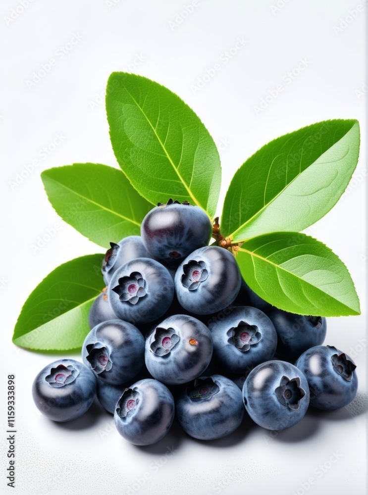 Fresh blueberries arranged neatly with vibrant green leaves nearby on a light background Fresh blueberries arranged neatly with vibrant green leaves nearby on a light background