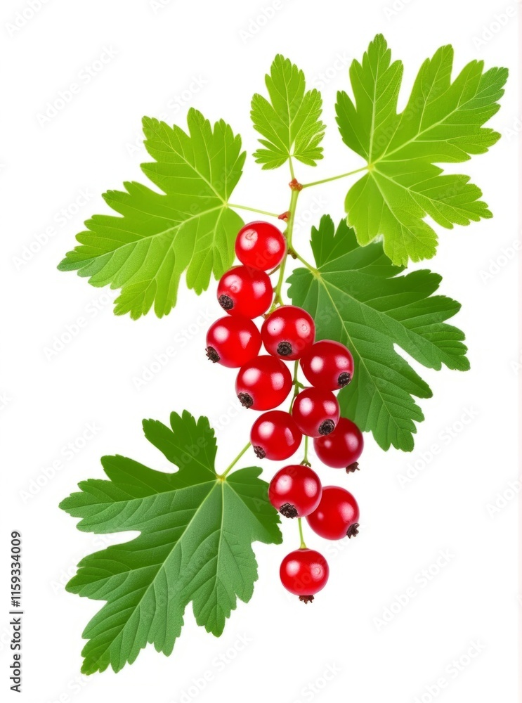Fresh red currants and green leaves displayed prominently on a white background Fresh red currants and green leaves displayed prominently on a white background