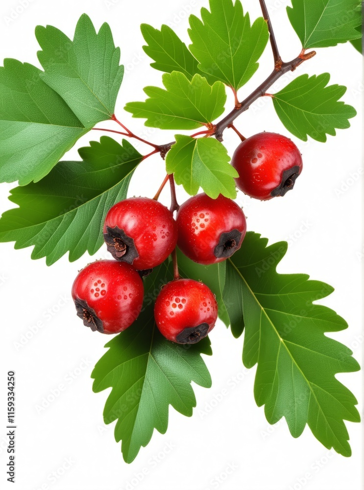 Bright red hawthorn berries with green leaves displayed on a white background showcasing natural beauty and freshness Bright red hawthorn berries with green leaves displayed on a white background showcasing natural beauty and freshness