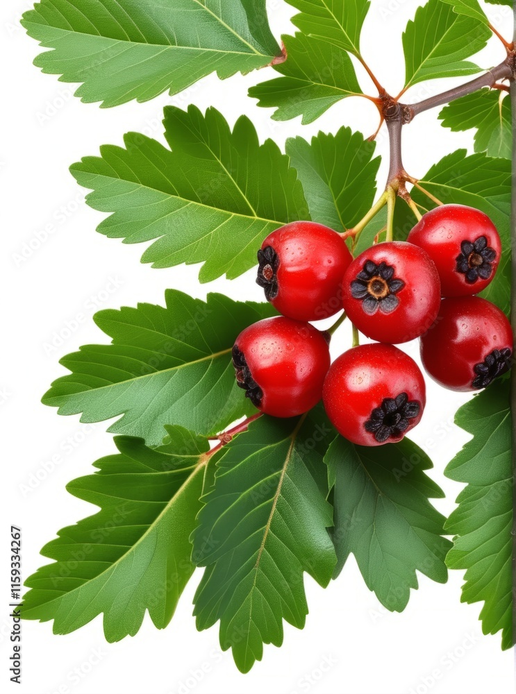 Bright red hawthorn berries on lush green leaves during sunny weather in a garden setting Bright red hawthorn berries on lush green leaves during sunny weather in a garden setting