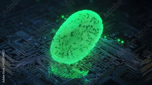 A digital 3D fingerprint in neon green floating over a dark, circuit board background. The fingerprint glows brightly, emphasizing a tech-forward, security-oriented theme. photo