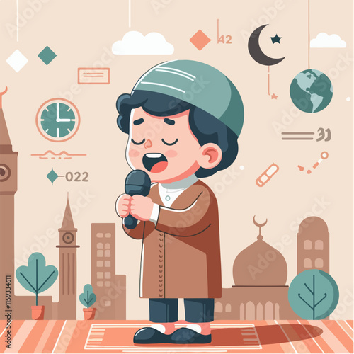 Young boy sings into mic at a mosque. Suitable for cultural events, music performances, religious and ethnic diversity concepts.