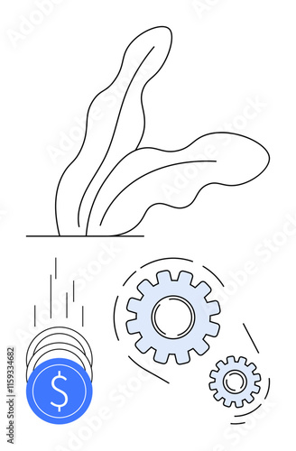 Plant growing from ground, blue falling coins with dollar sign, meshing gears. Ideal for economic growth, financial investments, business efficiency, startup success, wealth generation, industrial