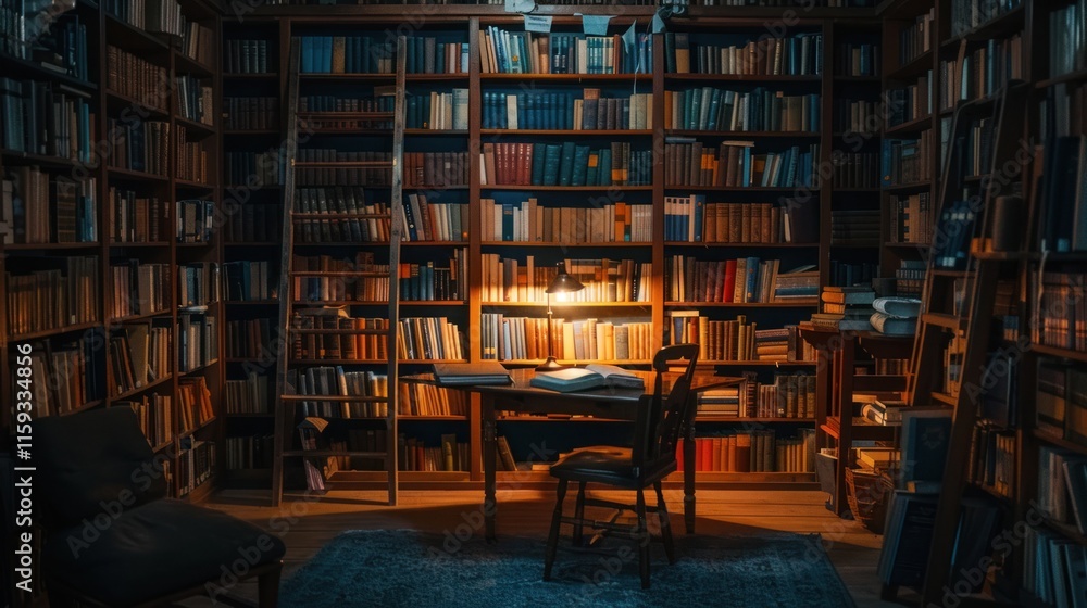 Obraz premium Cozy library with lit desk, books, chair, ladder, rug.