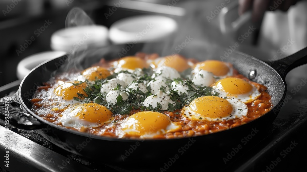 Sizzling skillet of huevos rancheros with a vibrant Mexican flair Sizzling skillet of huevos rancheros with a vibrant Mexican flair