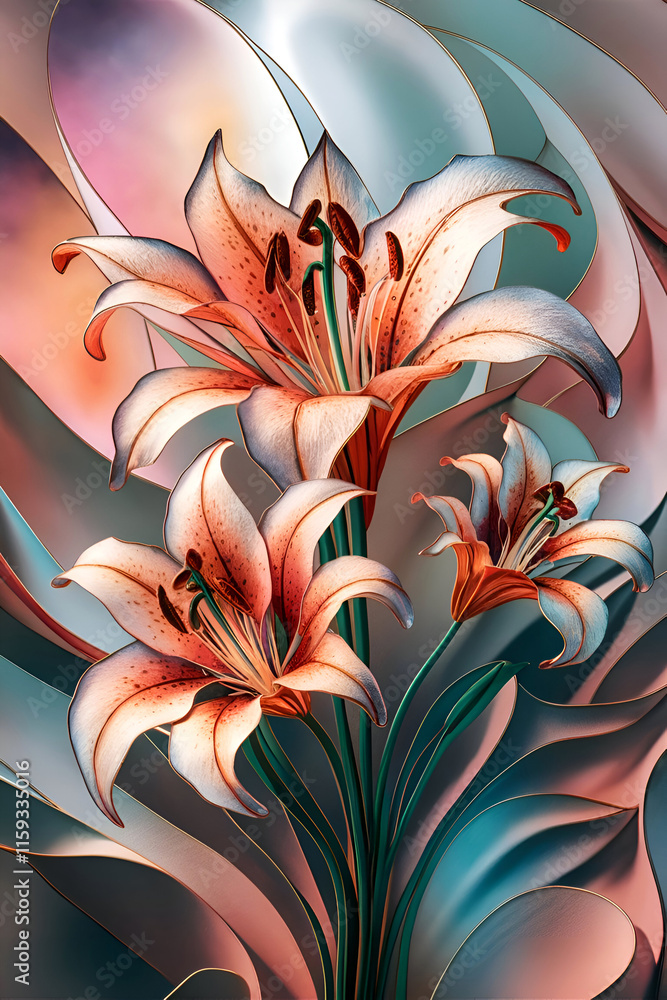 beautiful art picture with white-orange lily flowers in mosaic style. Digital artwork. Ai generated