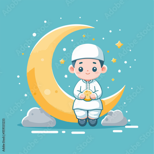 Cute boy on crescent moon with smaller moon; ideal for greeting cards, childrens books, celestialthemed designs, or bedtime products.