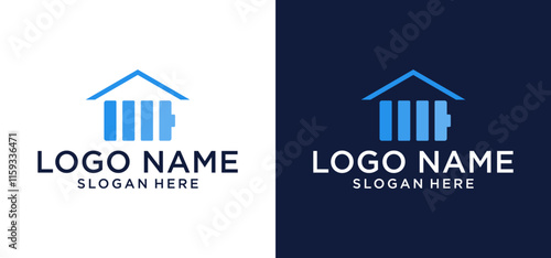 Illustration of vector logo design of house shape with solar panel roof and battery indication on the side of the wall.