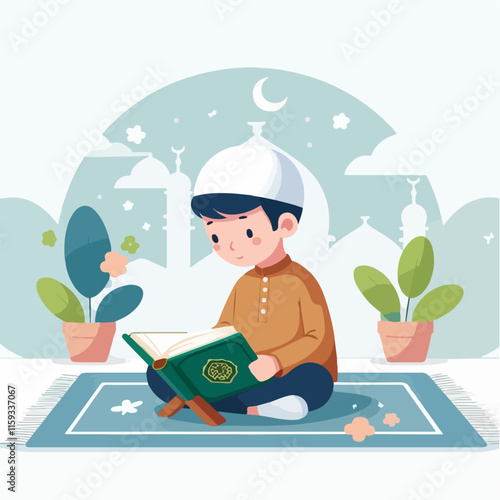 Title Young boy in a white cap reads a green book on a blue rug. Suitable for educational and readingrelated themed designs.