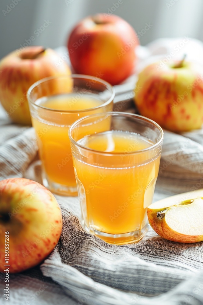 A glass of apple cider with a slice of lemon on the side next to whole apples on a cloth napkin. A glass of apple cider with a slice of lemon on the side next to whole apples on a cloth napkin.