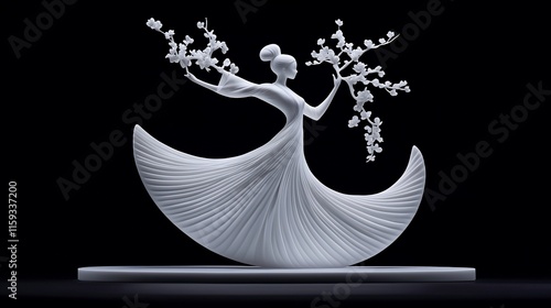 Elegant white woman sculpture, flowing dress, cherry blossoms, dark background.