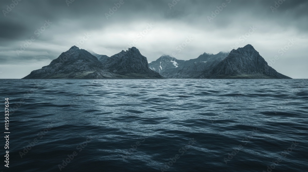 Serene Seascape with Mountain Ranges and Dramatic Lighting Serene Seascape with Mountain Ranges and Dramatic Lighting