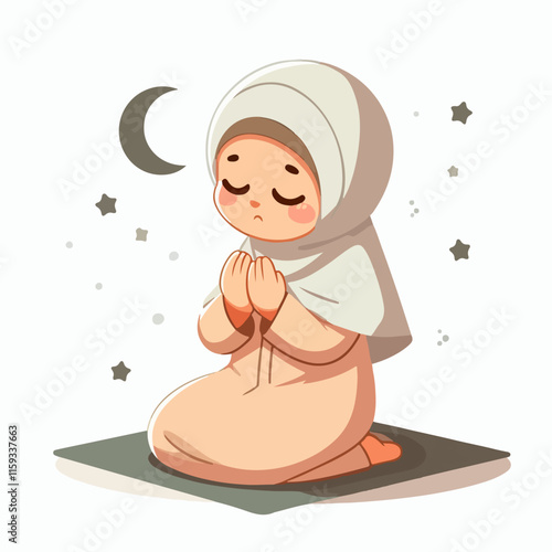 Girl praying on a rug with a crescent moon and stars, suitable for Ramadan, spiritual concepts, Muslim holidays, and religious themes.