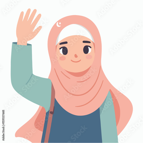Young woman in pink hijab waving hand. Suitable for diversity, communication, greeting, and Muslim lifestyle concepts in advertising and design.