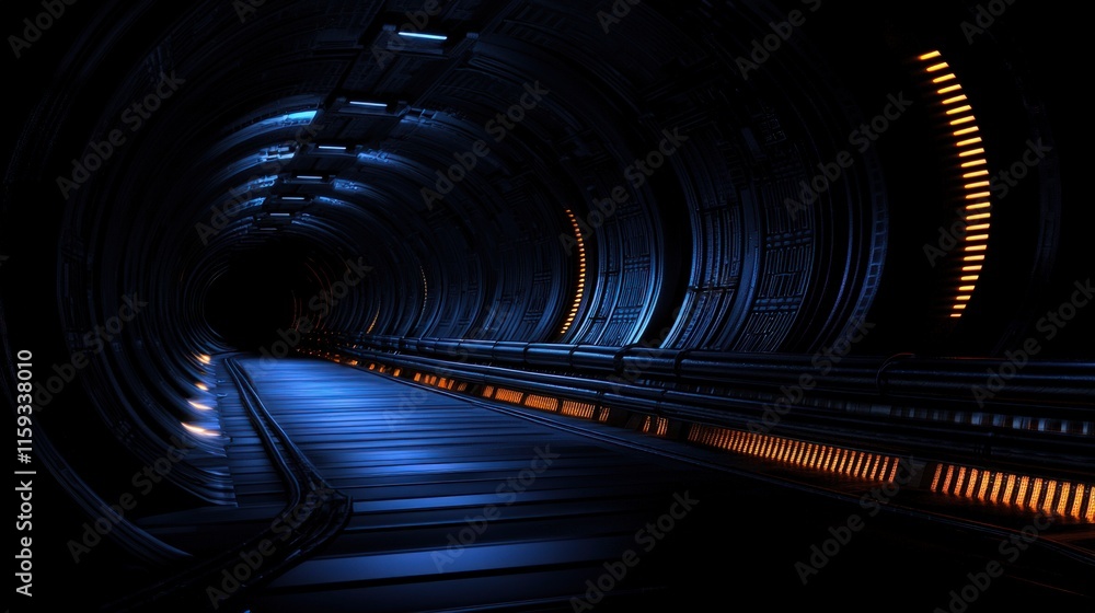 Fototapeta premium Futuristic dark tunnel with blue and orange lights.
