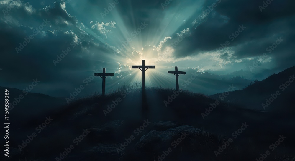 Obraz premium Dramatic Silhouette of Three Crosses Against a Dark Sky with Rays of Light Breaking Through the Clouds, Symbolizing Hope and Redemption at Dusk