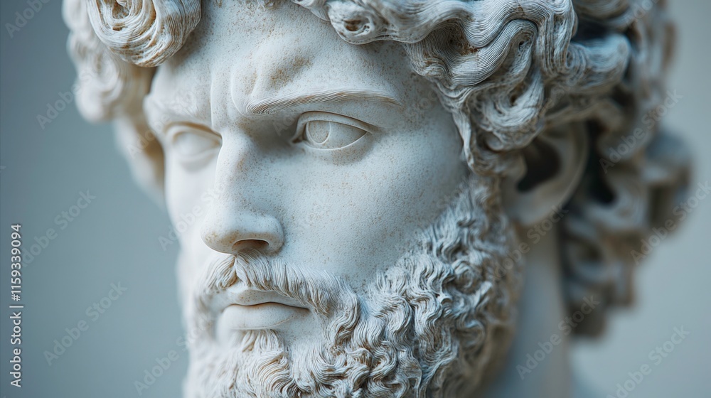 Photorealistic Close-Up of a Marble Greek God Statue Highlighting Intricate Details of the Face, Hair, and Draped Clothing with Realistic Lighting Photorealistic Close-Up of a Marble Greek God Statue Highlighting Intricate Details of the Face, Hair, and Draped Clothing with Realistic Lighting
