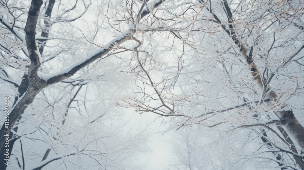 Tranquil winter scene with fallen leaves and snow on branches of trees Tranquil winter scene with fallen leaves and snow on branches of trees