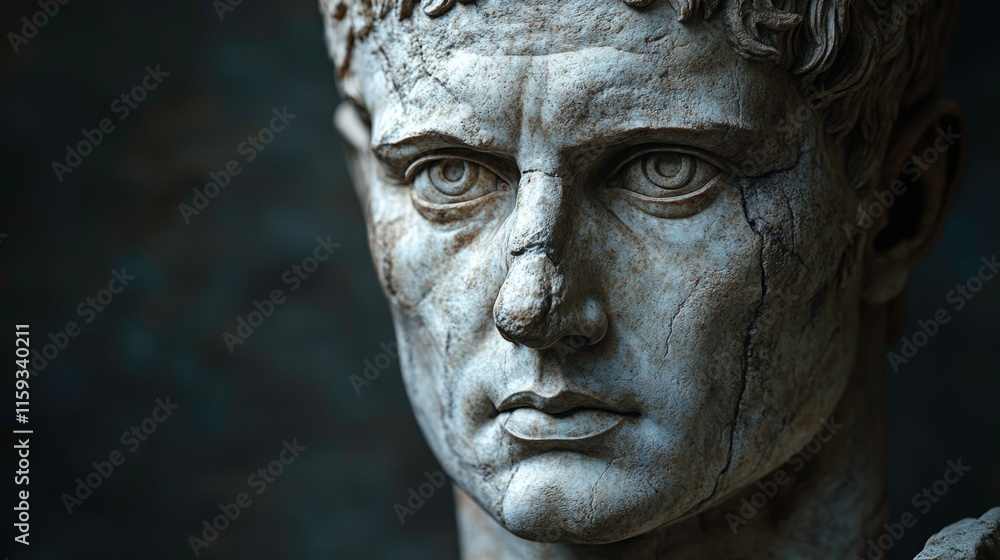Lifelike Rendering of a Roman Emperor’s Marble Bust Highlighting Stone Texture, Fine Veins, and Imperfections with Dramatic Lighting and Shadows Lifelike Rendering of a Roman Emperor’s Marble Bust Highlighting Stone Texture, Fine Veins, and Imperfections with Dramatic Lighting and Shadows