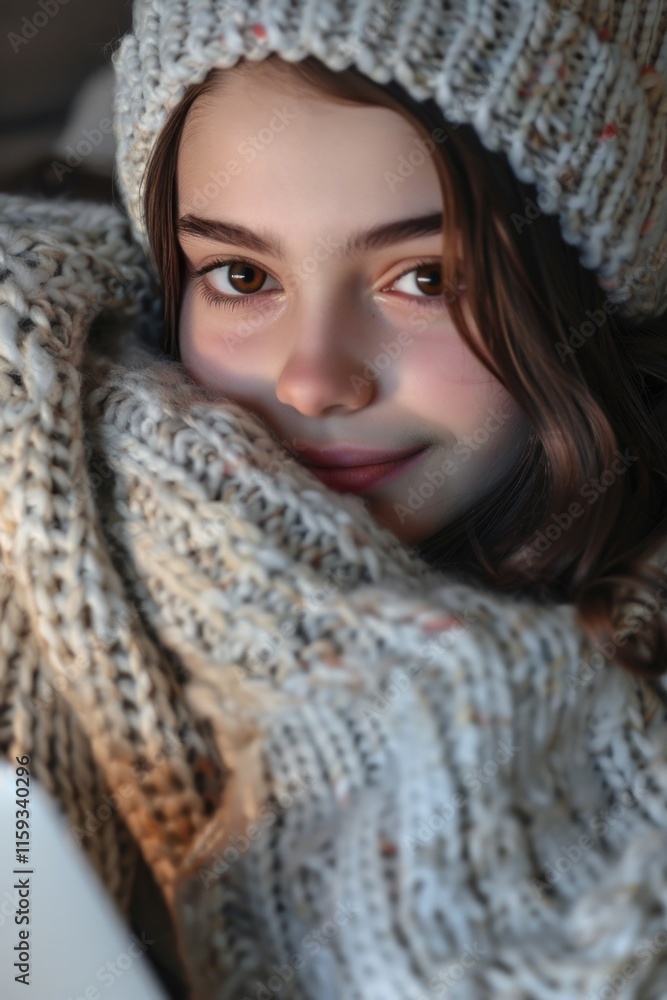 Cute young girl wrapped in a blanket, using laptop on her lap. Cute young girl wrapped in a blanket, using laptop on her lap.