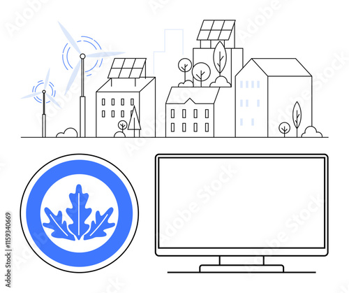 Sustainable cityscape with wind turbines and solar panels on buildings, energy efficiency certification badge, and a monitor. Ideal for renewable energy, green living, smart cities, environmental