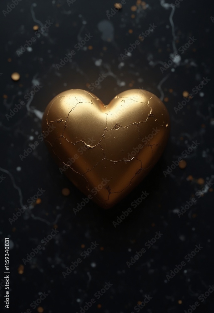 Single gold heart rests in center of dark marble texture illuminated by soft glow with generous copy space Single gold heart rests in center of dark marble texture illuminated by soft glow with generous copy space