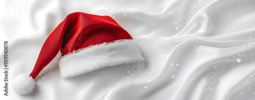 Classic Red Santa Hat on Silky White Fabric Background. AI generative.