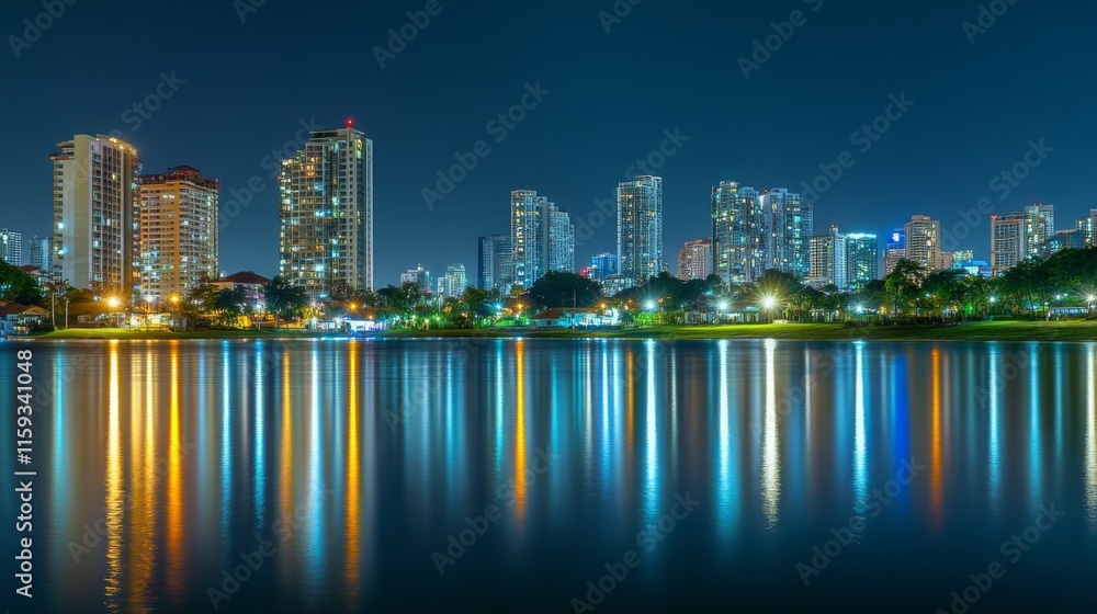 Fototapeta premium Urban Skyline Reflected on Calm Water at Dusk
