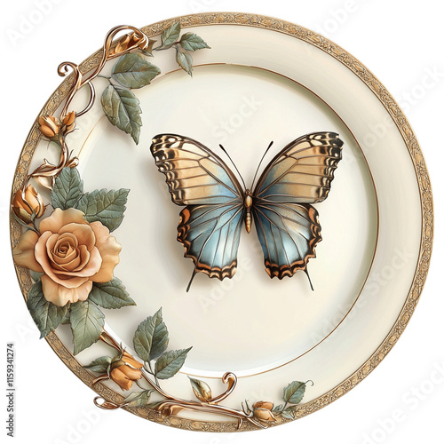 Delicate butterfly on ornate floral plate, blending natural beauty and decorative elegance, isolated.
 photo