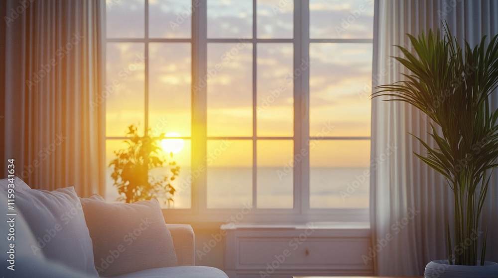 Fototapeta premium Cozy living room with a white window close-up with a beautiful sunset view 