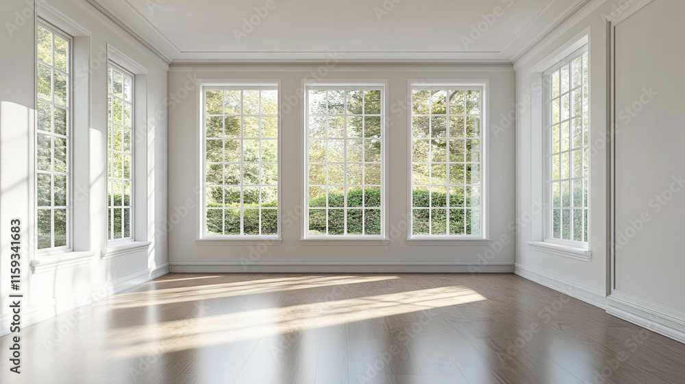 Fototapeta premium Empty living room with beautiful and large windows