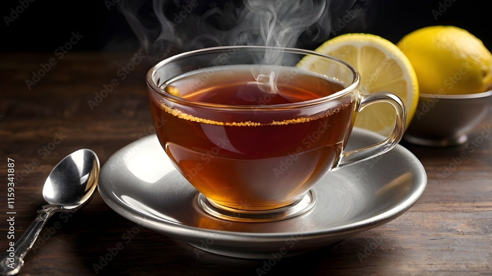 A steaming cup of classic black tea with a twist of lemon, placed on a saucer with a silver spoon.
A steaming cup of classic black tea with a twist of lemon, placed on a saucer with a silver spoon.