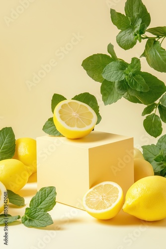 square podium with lemons and mint leaves, product placement background photo