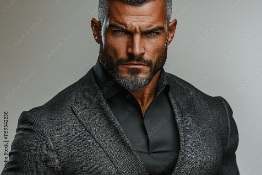 Obraz premium A man with a strong presence, featuring a well-groomed beard, poses in a sophisticated black suit, exuding confidence and power in a studio setting.