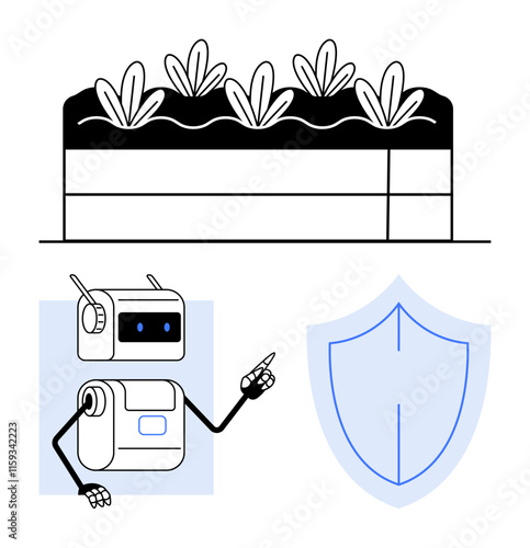 Robot points at shield raised plants in bed technologies protection gardening, environment, innovation. Ideal for AI, robotics, sustainability, security, future tech, agriculture. Line metaphor