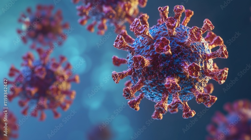 Close up of a virus with a blue and red color scheme. The virus is surrounded by a blue and purple background Close up of a virus with a blue and red color scheme. The virus is surrounded by a blue and purple background
