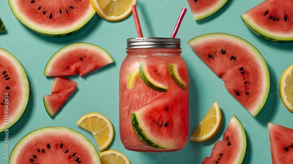 A mason jar filled with refreshing watermelon lemonade, garnished with a watermelon slice and a colorful straw.
