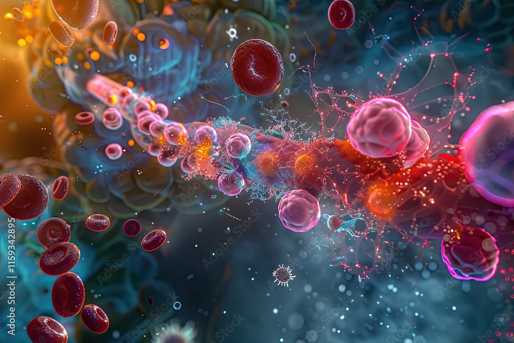 Microscopic view of red blood cells, showcasing their disc-like structure. Microscopic view of red blood cells, showcasing their disc-like structure.