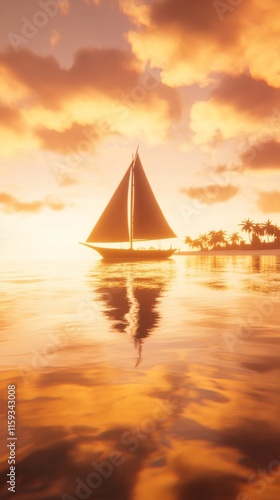 A sailboat gracefully moves along the horizon at sunset, reflecting on calm waters with a backdrop of vibrant skies, evoking peace and travel spirit. photo