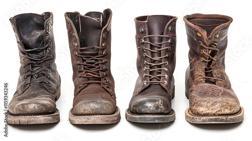 Four pairs of worn boots showcasing different styles and conditions. photo