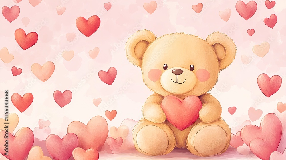 Obraz premium Illustration of a cute teddy bear surrounded by lots of hearts. Frame for Valentine's Day and pink background