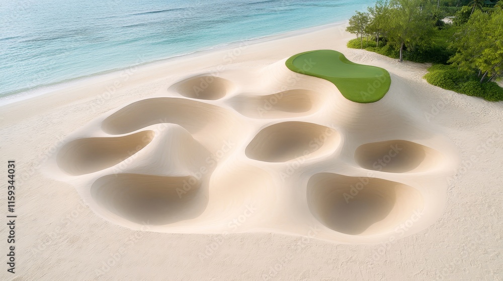 Obraz premium Stunning Aerial View of Unique Sand Bunkers on Tropical Beach Golf Course Surrounded by Calm Ocean Waters and Lush Green Foliage Under Bright Blue Sky
