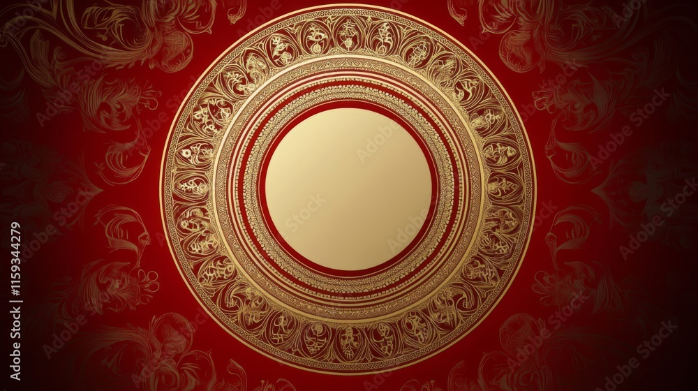 Elegant Gold Ornate Circle on Red Background Design Elegant Gold Ornate Circle on Red Background Design