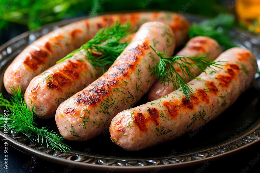Savory sausages sizzling on a platter, garnished with fresh dill and herbs for a flavorful feast Savory sausages sizzling on a platter, garnished with fresh dill and herbs for a flavorful feast