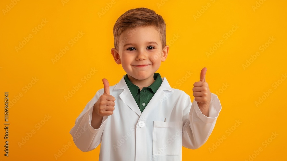 A cheerful child wearing a laboratory coat and smiling widely while giving a thumbs-up against a vivid yellow background, symbolizing career aspirations and positivity. A cheerful child wearing a laboratory coat and smiling widely while giving a thumbs-up against a vivid yellow background, symbolizing career aspirations and positivity.