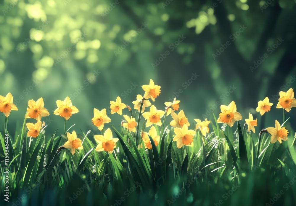 Fototapeta premium A Vibrant Field of Yellow Daffodils Blooming in a Lush Green Garden Surrounded by Soft Natural Light and Lush Foliage