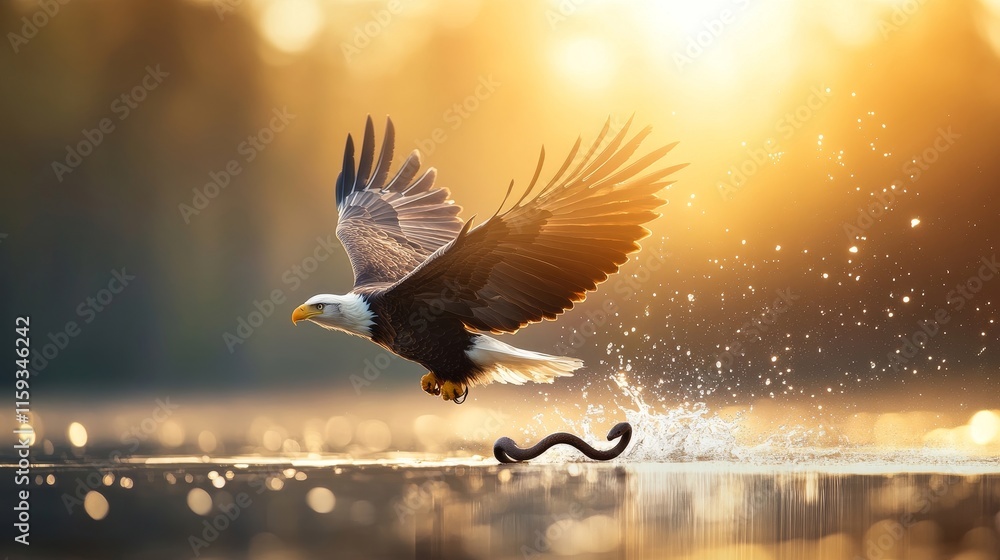 Fototapeta premium Majestic Bald Eagle in Flight Capturing a Snake Above Water Surface with Sparkling Reflection and Golden Sunset Background